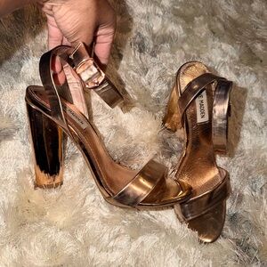 Steve Madden Rose Gold Metallic Block Heel Sandals with Ankle Strap
